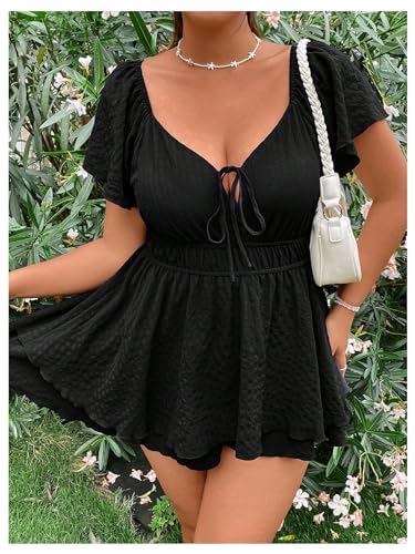 51i1mSFbyxL.jpg Women's Plus Size Romper Dress Ruffle Short Sleeve V Neck Flowy Summer Short Jumpsuits Plain Black 0XL