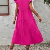 Women's Cap Sleeve Ruffle Hem Long Dress V Neck High Waist Smock Dresses