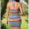 Women's Striped Halter Mini Dress Criss Cross Cut Out Bodycon Summer Dresses
