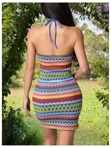 Women's Striped Halter Mini Dress Criss Cross Cut Out Bodycon Summer Dresses