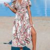 Women's Ruffle Beach Dress Paisley V Neck Short Sleeve Pleated High Waist Maxi Summer Dresses