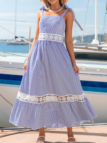 Women's Summer Dresses Sleeveless Straps Striped Casual Lace A Line Long Formal Maxi Dress
