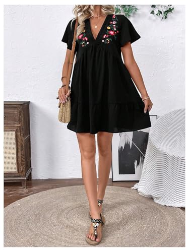 51iNQLY9X8L.jpg Women's Summer Dress Floral Embroidery V Neck Short Sleeve Ruffle Hem Babydoll Flowy Loose Mini Dresses