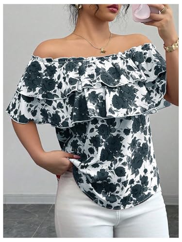 Women's Off The Shoulder Ruffle Short Sleeve Floral Print Summer Blouse Tops