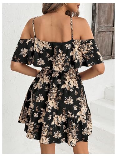 51id1hbCloL.jpg Women's Boho Floral Print Cold Shoulder Dress Short Sleeve Ruffle A Line Vacation Elegant Mini Dresses