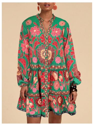 51inm-k-r6L.jpg Women's Floral Print Summer Short Dresses Boho Beach Long Sleeve Button Down Flowy Smock Dress