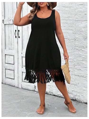 Women's Plus Size Boho Summer Fringe Trim Sleeveless Tank Dress Beach Vacation Midi Dresses