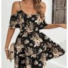 51jUVeaoBqL.jpg Women's Boho Floral Print Cold Shoulder Dress Short Sleeve Ruffle A Line Vacation Elegant Mini Dresses