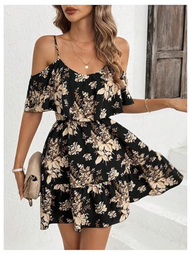 51jUVeaoBqL.jpg Women's Boho Floral Print Cold Shoulder Dress Short Sleeve Ruffle A Line Vacation Elegant Mini Dresses
