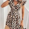 Women's Leopard Print Mini Dress Short Sleeve V Neck Ruffle A Line Flowy Summer Dresses