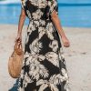 51jmEFL630L.jpg Women's Plunging V Neck Dress Tropical Leaves Print Dresses Short Sleeve Split Hem Maxi Dress