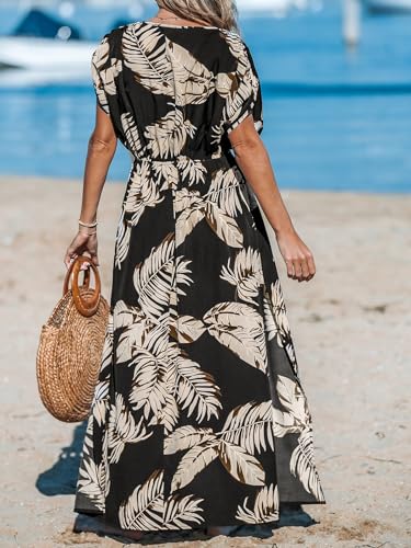 51jmEFL630L.jpg Women's Plunging V Neck Dress Tropical Leaves Print Dresses Short Sleeve Split Hem Maxi Dress