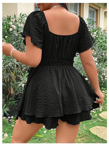 51k-CnzVBlL.jpg Women's Plus Size Romper Dress Ruffle Short Sleeve V Neck Flowy Summer Short Jumpsuits Plain Black 0XL