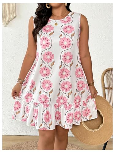 51kK3HV4YTL.jpg Women's Plus Size Floral Ruffle Dress Bow Tie Sleeveless Crewneck Summer Smock Short Dresses Sundress