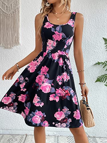 51kWQnLuhzL.jpg Women's Boho Floral Print Scoop Neck Tank Dress Summer Ruffle A Line Knee Length Dresses