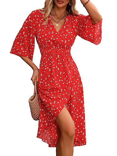51kYFYsGXwL.jpg Women's Half Sleeve Floral Print Wrap Dress Boho V Neck Flowy A Line Midi Dresses