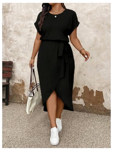 51kwMwJcT2L.jpg Women's Plus Size Wrap Long Dress Dolman Sleeve Crew Neck Belted Casual Dresses