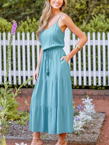 Women's Summer Dresses Casual V Neck Elastic Waist Maxi Tiered Dress with Pockets