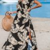 51l7ev3BqRL.jpg Women's Plunging V Neck Dress Tropical Leaves Print Dresses Short Sleeve Split Hem Maxi Dress