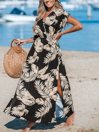 51l7ev3BqRL.jpg Women's Plunging V Neck Dress Tropical Leaves Print Dresses Short Sleeve Split Hem Maxi Dress