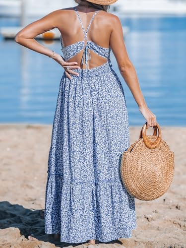 51mQgsMZ3QL.jpg Women's Plunging V Neck Sleeveless Floral Boho Backless Ruffled Beach Summer Maxi Dresses with Pockets