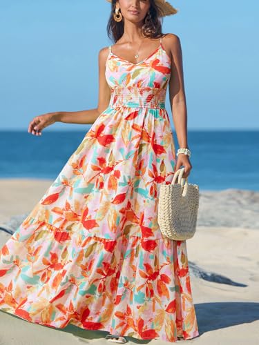 51n2pzkC9TL.jpg Women's Vacation Summer Dresses Tropical V Neck Elastic Waist Sleeveless Spaghetti Strap Smocked Maxi Dress