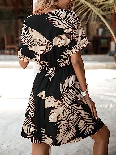 51o1DBY5ReL.jpg Women's Floral Print Short Sleeve V Neck Dress Casual Summer Lace Trim A Line Short Dresses