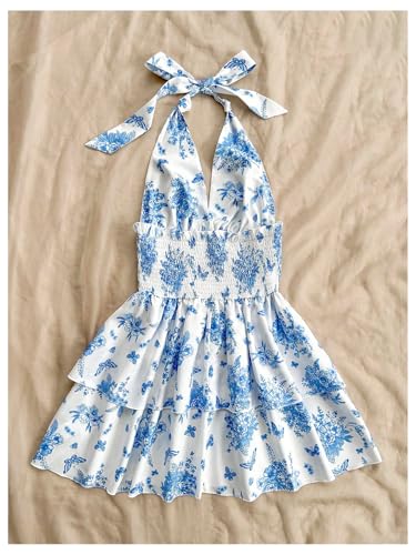 51oAG8EM0WL.jpg Women's Sundresses Boho Halter V Neck Backless Ruffle Flowy Summer Beach Mini Dress