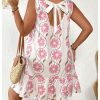 51oJLkDVwL.jpg Women's Plus Size Floral Ruffle Dress Bow Tie Sleeveless Crewneck Summer Smock Short Dresses Sundress
