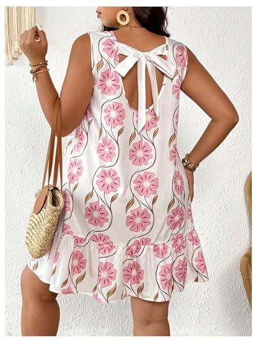 51oJLkDVwL.jpg Women's Plus Size Floral Ruffle Dress Bow Tie Sleeveless Crewneck Summer Smock Short Dresses Sundress