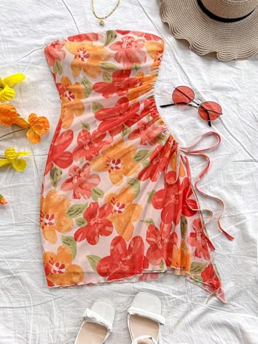 Women's Floral Strapless Mini Dresses Summer Beach Vacation Short Bandeau Bodycon Dress