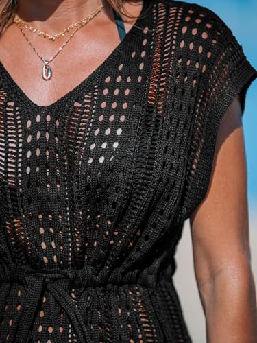 Women Crochet Swim Coverups Short Sleeve Drawstring Beach Coverups Dress
