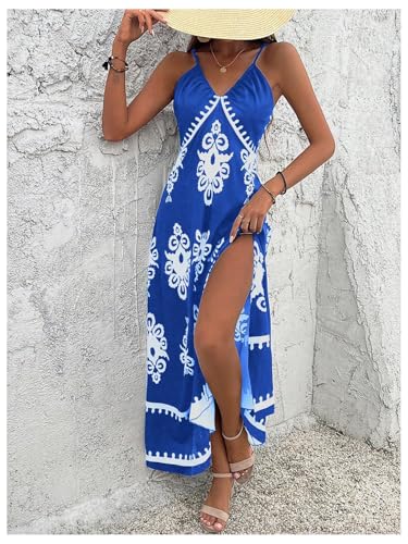 51pf8xvFO2L.jpg Women's Summer Printed Maxi Dress V Neck Spaghetti Strap Split Flowy Cami Dresses Sundress