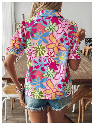 Women's Floral Print Button Down Blouse Ruffle Short Puff Sleeve Boho Tops