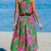 Women's Midi Dress Halter Floral Sleeveless Belted Ruffled A Line Casual Summer Dress