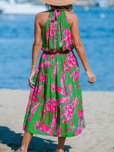 Women's Midi Dress Halter Floral Sleeveless Belted Ruffled A Line Casual Summer Dress