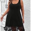Women's Plus Size Boho Summer Fringe Trim Sleeveless Tank Dress Beach Vacation Midi Dresses