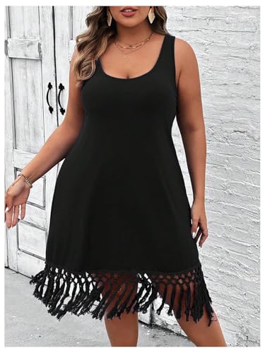 Women's Plus Size Boho Summer Fringe Trim Sleeveless Tank Dress Beach Vacation Midi Dresses