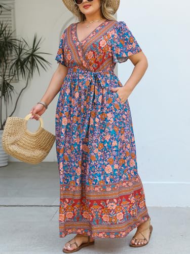51qsvDAJ8VL.jpg Women's Plus Size Summer Dress V Neck Short Ruffle Sleeves Flowy X Line Maxi Dress Wide Belt