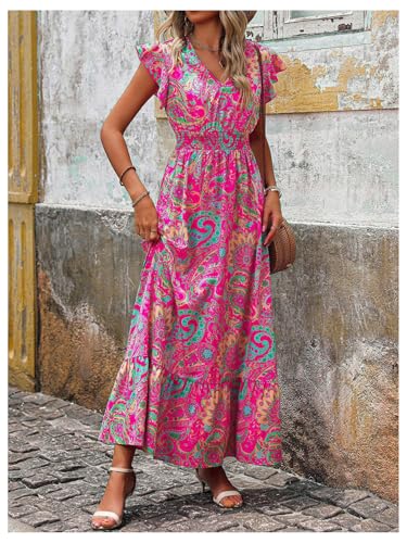 Women's Summer Dress Boho Floral Ruffle Sleeve V Neck Flowy Beach Maxi Dresses