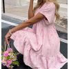 Women's Summer V Neck Short Smocked Dress Striped Bow Print Ruffle Flowy Vacation Dresses