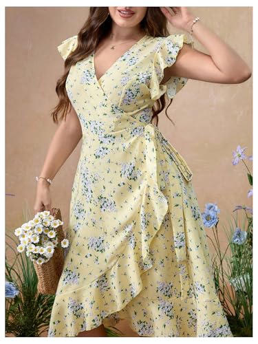 Women's Plus Size Floral Print A Line Midi Dress Cap Sleeve Wrap Ruffle Boho Summer Dresses