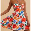 51s7Ka6l31L.jpg Women's Floral Print Cut Out Sleeveless Halter Mini Dress Holiday Flowy Vacation Dresses