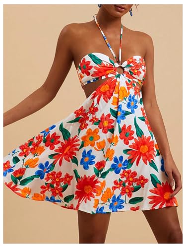 51s7Ka6l31L.jpg Women's Floral Print Cut Out Sleeveless Halter Mini Dress Holiday Flowy Vacation Dresses