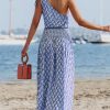 51sEFk6hogL.jpg Women's Maxi Dress One Shoulder Sleeveless Smocked Floral Printed Self Tie Boho Long Dress Summer Dress Blue Floral, S