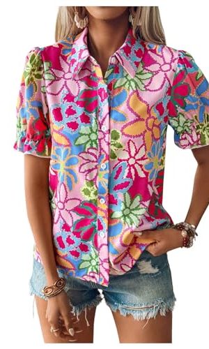 51sXxobNjwL.jpg Women's Floral Print Button Down Blouse Ruffle Short Puff Sleeve Boho Tops