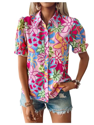 Women's Floral Print Button Down Blouse Ruffle Short Puff Sleeve Boho Tops