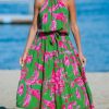 Women's Midi Dress Halter Floral Sleeveless Belted Ruffled A Line Casual Summer Dress