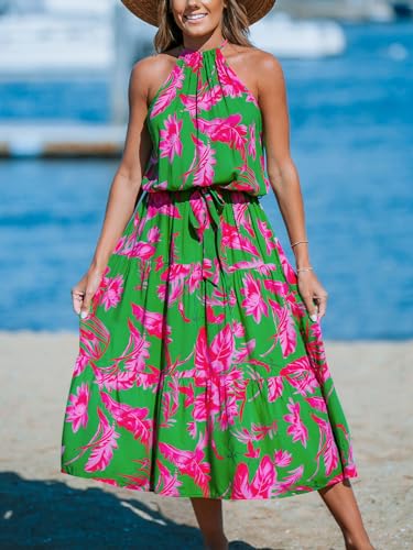 Women's Midi Dress Halter Floral Sleeveless Belted Ruffled A Line Casual Summer Dress