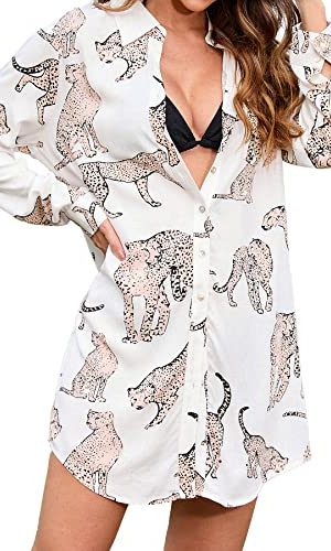 Dress Button Down Shirt Dress Long Sleeve Blouse Top Leopard Print